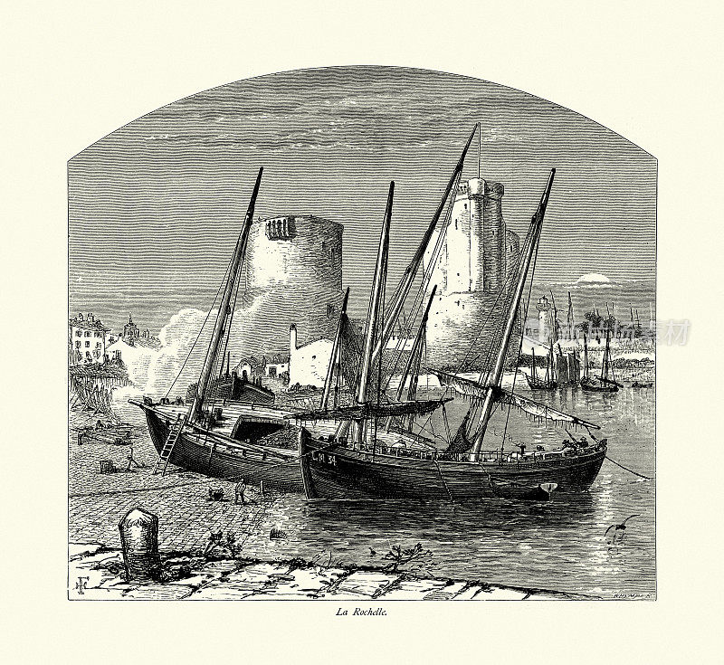 船只停靠在拉罗谢尔港口，法国，19世纪