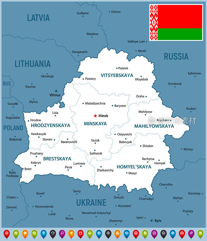 白俄罗斯矢量地图。政治地图与地区，地理边界的乌克兰，波兰，立陶宛，拉脱维亚和俄罗斯
