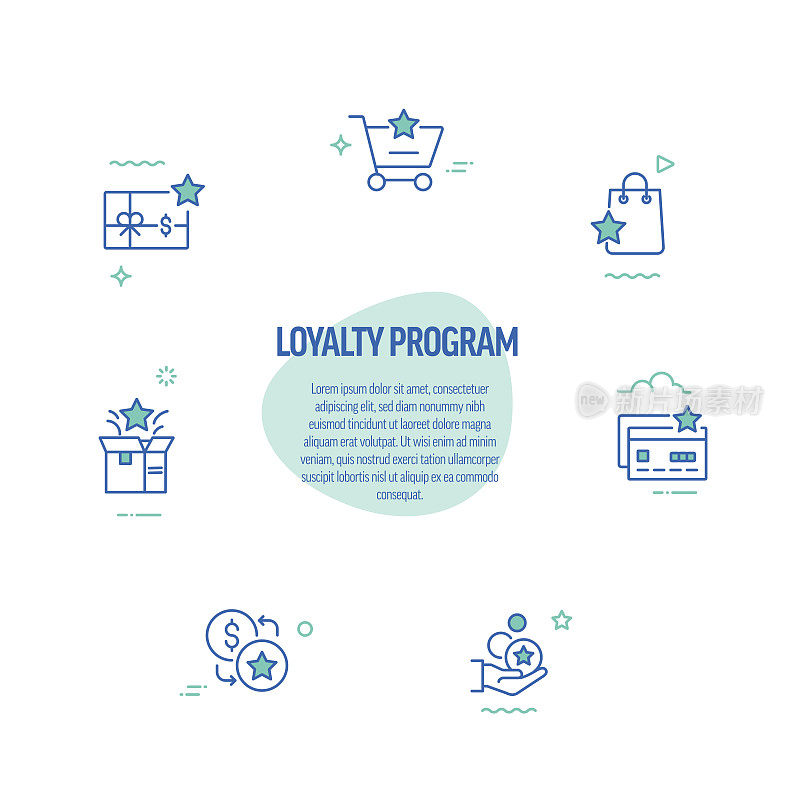 忠诚计划相关的线路图标。现代线条风格设计元素。