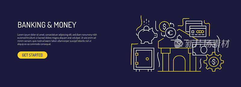 银行和货币相关的网页横幅线条风格。现代设计矢量插图的网页横幅，网站标题等。