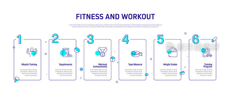 健身和锻炼相关的过程信息图表模板。过程时间图。使用线性图标的工作流布局