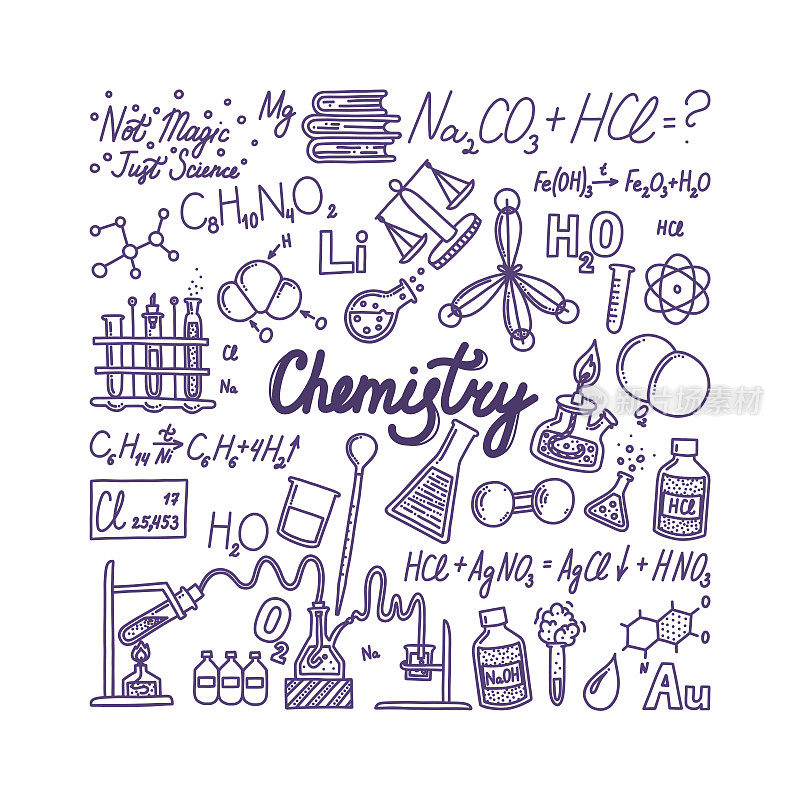 化学横幅与字母。与化学和实验相关的手绘物体。矢量插图涂鸦风格