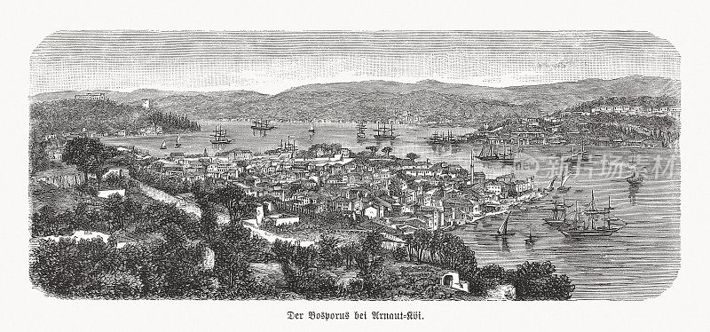 Arnavutk?y的历史观，土耳其伊斯坦布尔，木刻，1893年出版