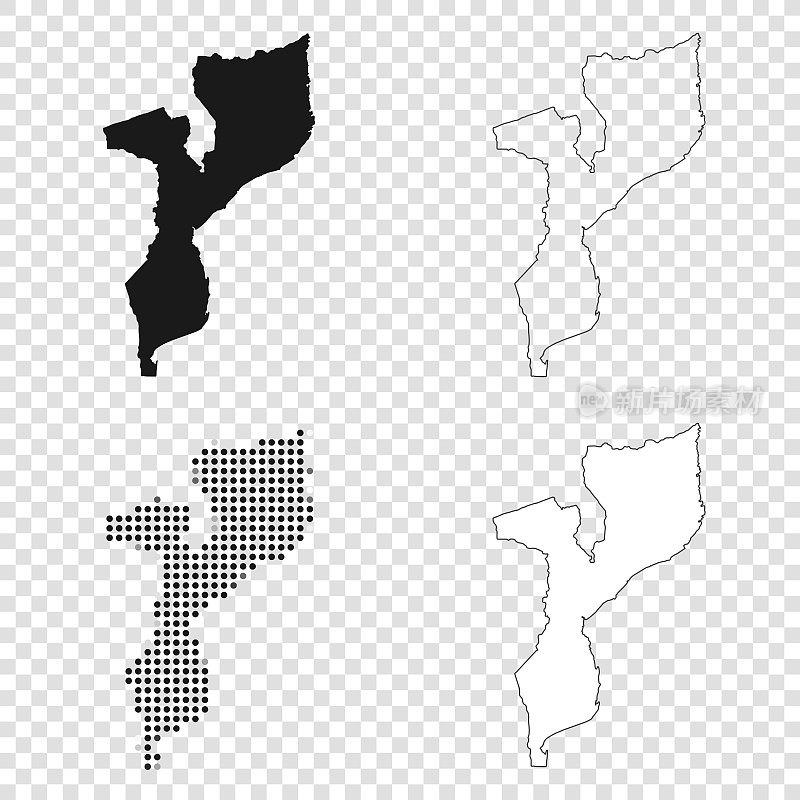 莫桑比克地图设计-黑色，轮廓，马赛克和白色