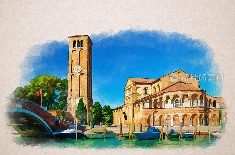 水彩画的教堂圣玛丽亚和圣多纳托钟楼砖建筑，桥梁横跨水渠与摩托艇在慕拉诺岛
