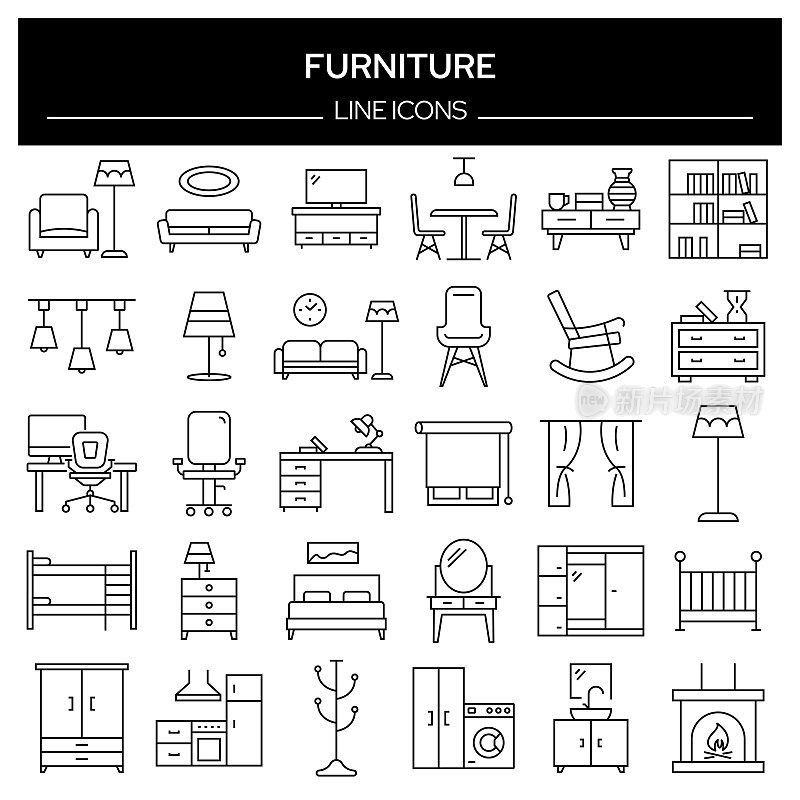家具相关的线条图标集。轮廓符号集合，可编辑的描边