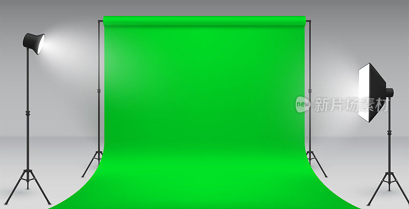 逼真的色度键工作室模板向量设备照片视频拍摄绿色屏幕聚光灯