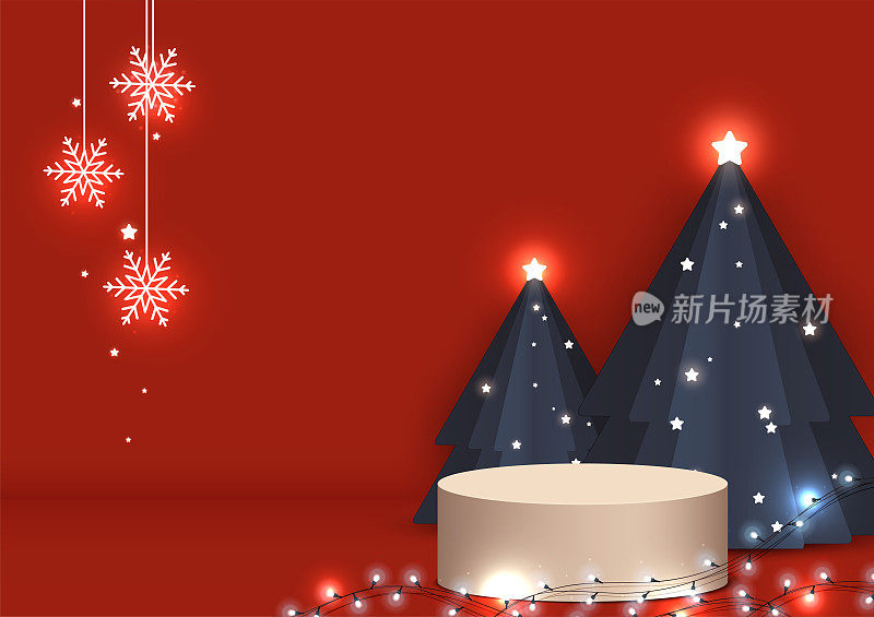抽象的圣诞节背景。圆形舞台的讲台装饰有蓝色的树木，雪花悬挂，灯光装饰在红色的背景上。底座场景用于产品展示、展示、销售。矢量插图。