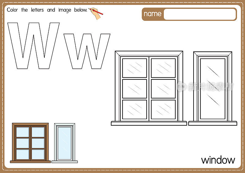 矢量插图的儿童字母着色书页与概述剪贴画，以颜色。字母W代表窗口。