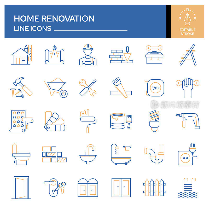家居装修和维修相关线图标的设置。轮廓符号集合，可编辑的描边