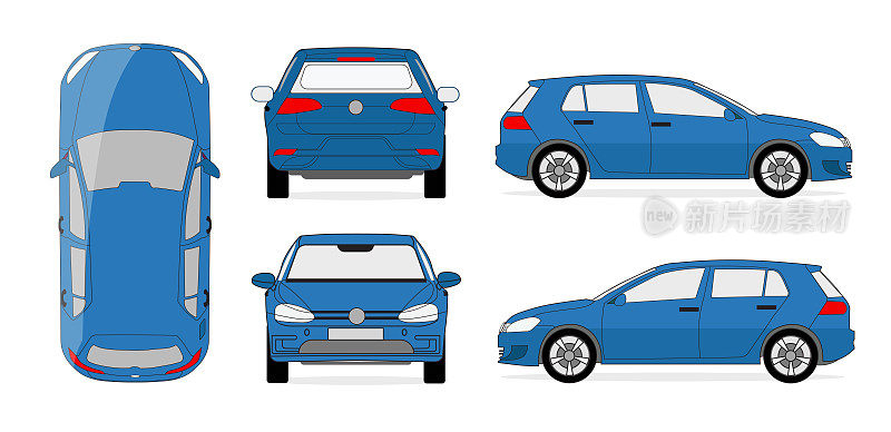 现代城市车，蓝色跑车矢量。汽车模型有侧视图，后视图和前视图。矢量平面风格插图。紧凑型CUV汽车套件。