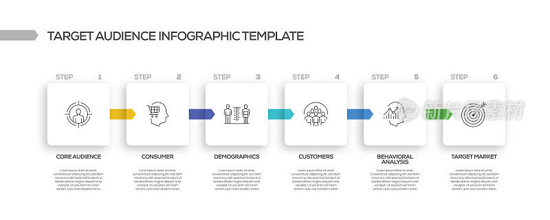 目标受众相关过程信息图表模板。过程时间图。带有线性图标的工作流布局