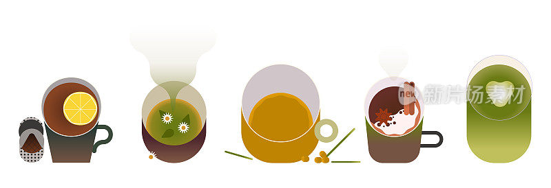 咖啡和茶在杯子，马克杯，碗。热健康饮料和冬季暖饮料设置。