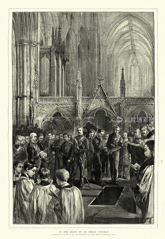 1872年，维多利亚时代19世纪，英国陆军元帅乔治·波洛克爵士的葬礼在威斯敏斯特教堂举行