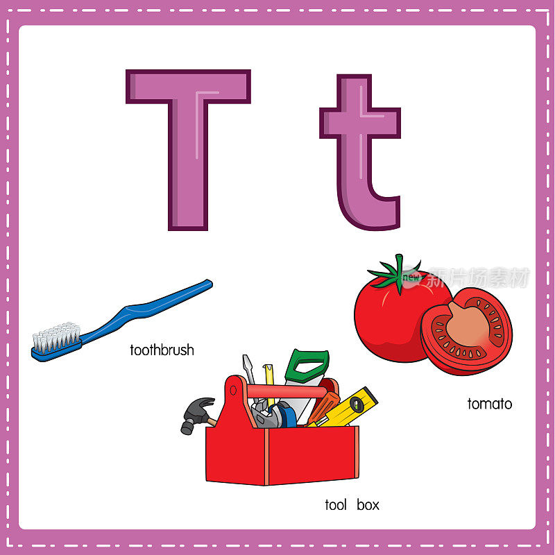 向量插图学习字母T的小写和大写的儿童与3卡通图像。牙刷工具箱西红柿。