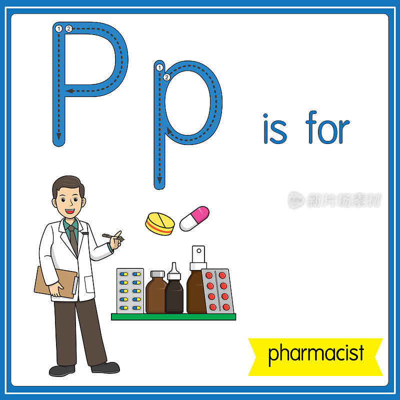 矢量插图学习字母为儿童与卡通形象。字母P代表药剂师。