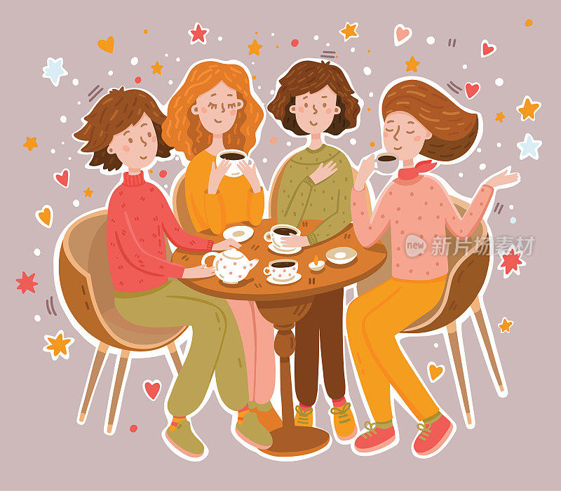 女孩们在咖啡馆里喝咖啡和茶