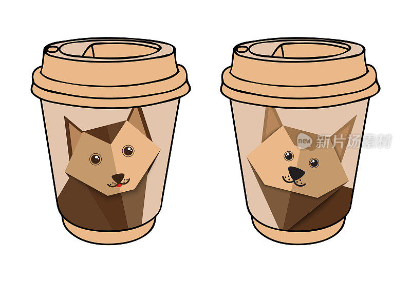 用折纸狗图案装饰的咖啡纸杯。在活动、狗展、爱狗人士和动物咖啡馆的饮料杯。咖啡要走。热饮带走了概念。在你的咖啡馆里设计
