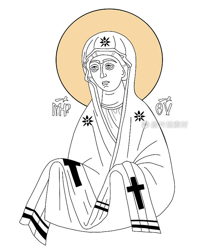 最神圣的西奥托科斯代祷的图标。圣母玛利亚，圣母玛利亚代祷。线性手绘。矢量说明基督教和天主教社区