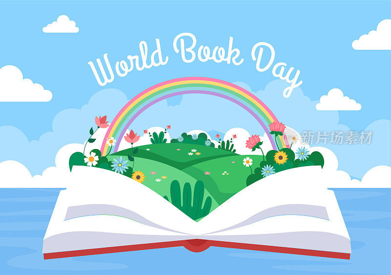 世界图书日平面漫画背景插图。堆叠的书籍阅读，增加洞察力和知识适合壁纸或海报