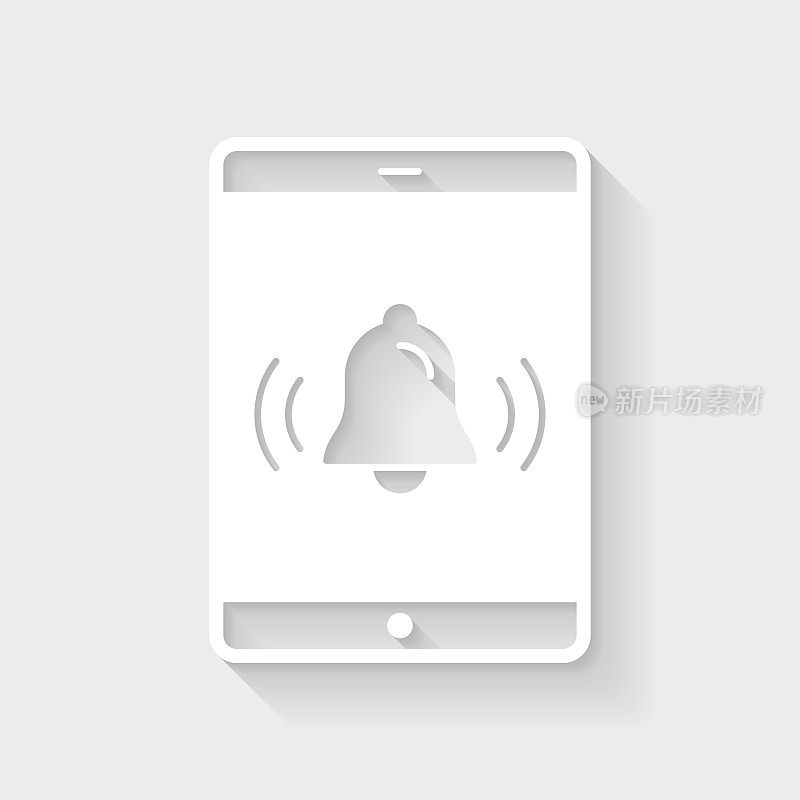带铃声的平板电脑-通知。图标与空白背景上的长阴影-平面设计