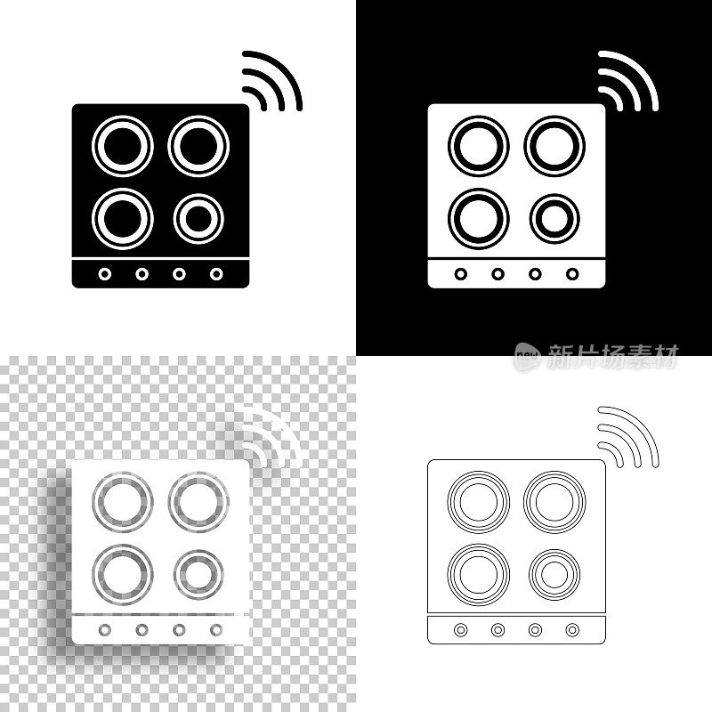 聪明的炉灶面。图标设计。空白，白色和黑色背景-线图标