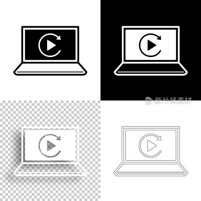 重放笔记本电脑。图标设计。空白，白色和黑色背景-线图标