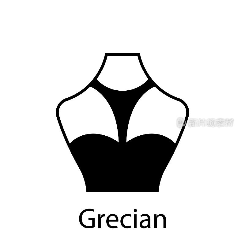 希腊时尚领口类型的女衬衫，连衣裙轮廓图标。黑色t恤，露脐上衣。时髦女士希腊式领口。孤立的矢量图