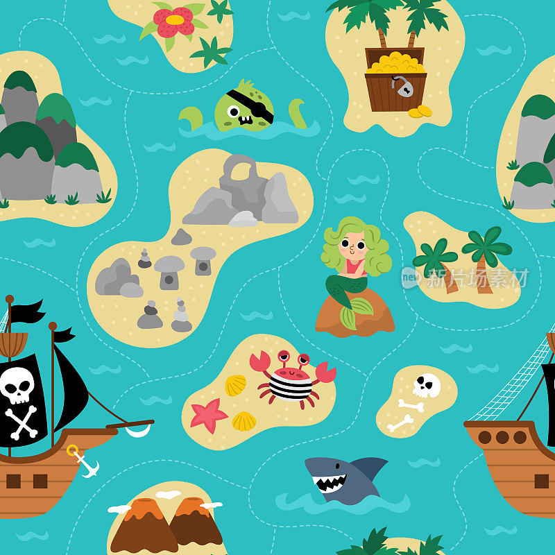 矢量宝岛无缝模式与海盗船，美人鱼，章鱼。可爱的重复背景与热带海洋岛屿，沙子，棕榈树，火山，岩石。金银岛数码纸