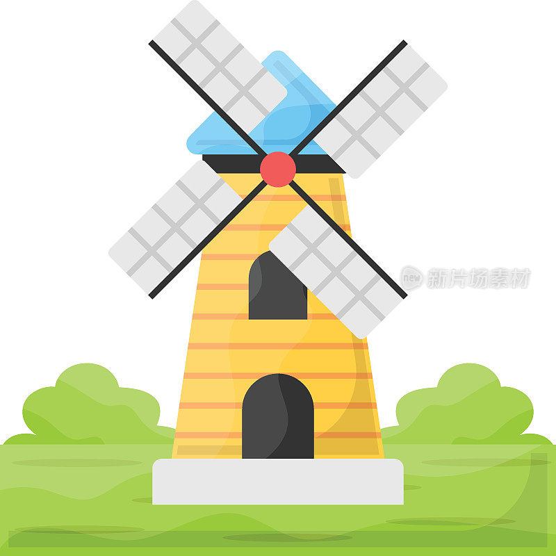 农场风力发电机概念，风车或发电厂矢量彩色图标设计，农业和农业符号，村庄生活标志，农村和牲畜插图
