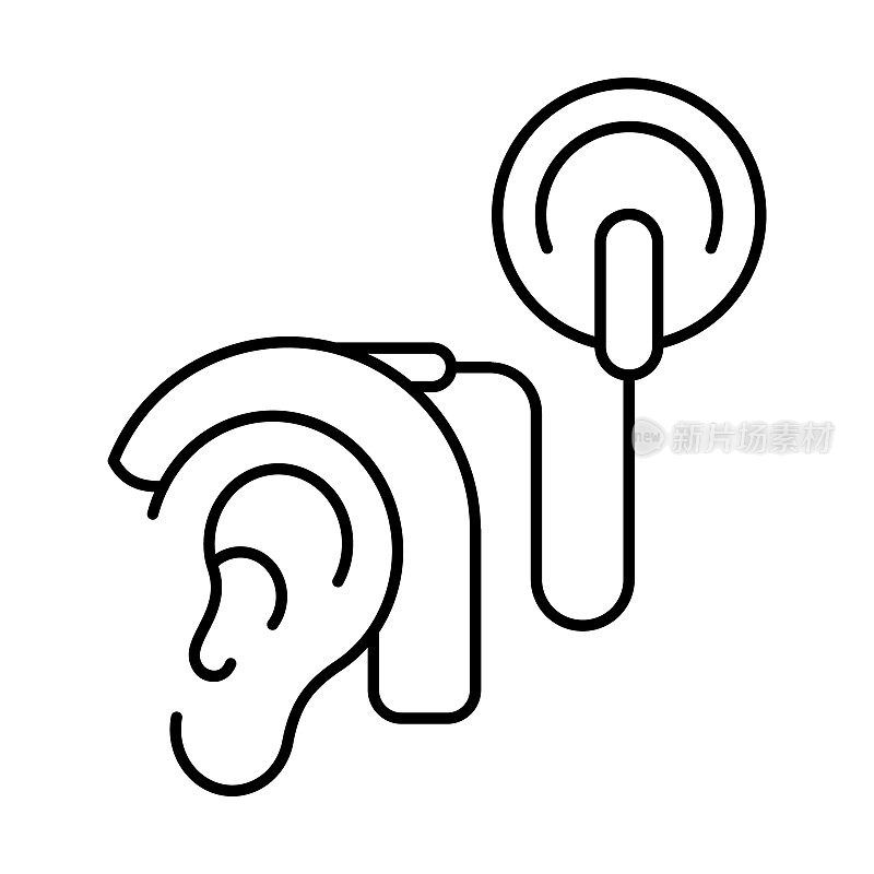 耳蜗植入线图标。用电子设备刺激听觉神经的人耳。