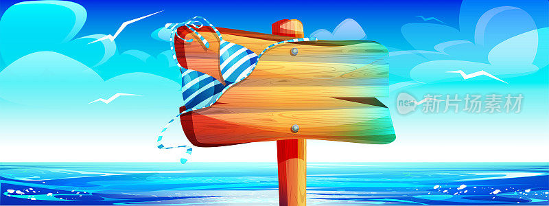 海上旅行和海滩度假的概念。木制标志与比基尼和地方文字的背景与棕榈叶在卡通风格。