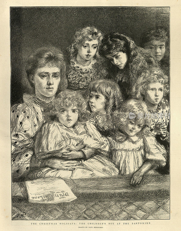 一群孩子和他们的母亲在剧院看哑剧，19世纪90年代维多利亚