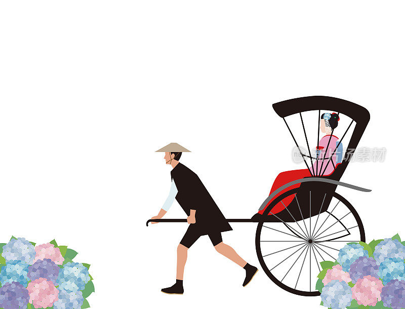 雨季绣球花，人力车和穿着和服的女人。日本风格的插图