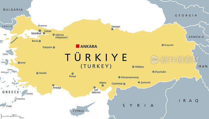 Türkiye，土耳其与首都安卡拉的政治地图