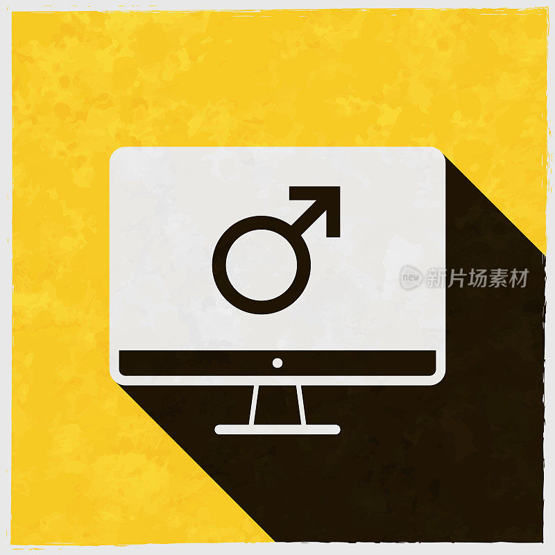 带有男性符号的台式电脑。图标与长阴影的纹理黄色背景