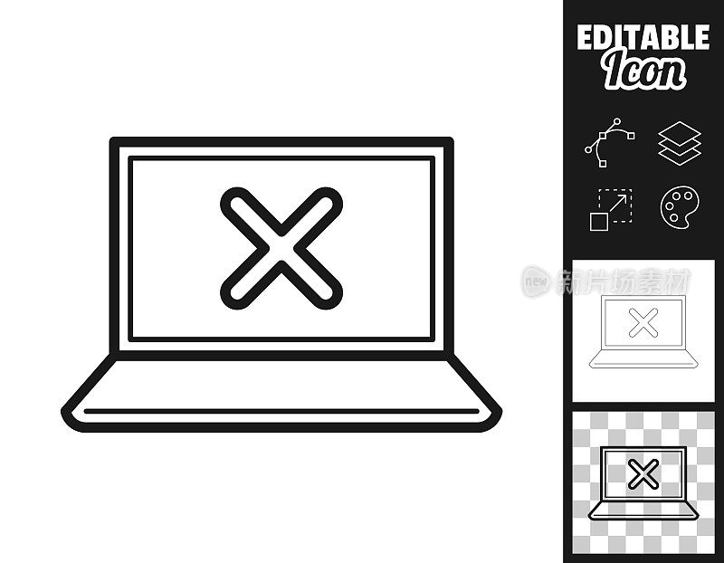 有十字标记的笔记本电脑。图标设计。轻松地编辑