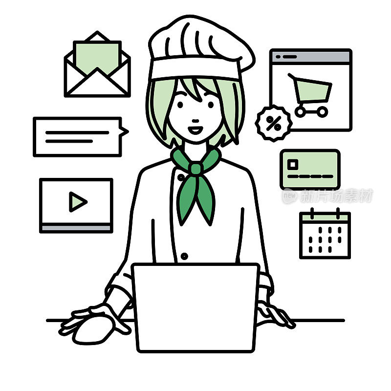 一名女厨师使用笔记本电脑浏览网站、数字营销、支付、管理网上商店和支持客户在她的办公桌上