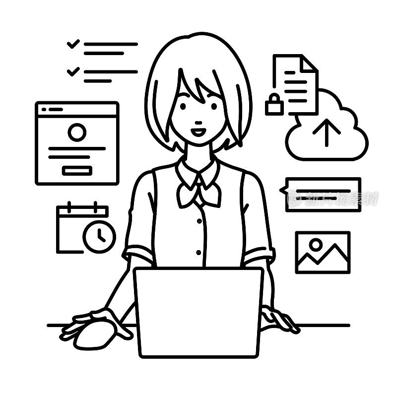 一名身穿办公服的妇女在办公桌上使用笔记本电脑浏览网站、进行研究、在云端共享文件、安排日程、管理项目、组织任务以及与团队沟通