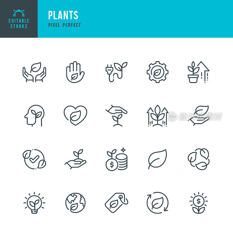 植物-线性图标的向量集。像素完美。可编辑的中风。套装包括植物，叶子，绿色能源，关怀，生态系统，地球，循环符号，幼苗，击掌，利润增长。