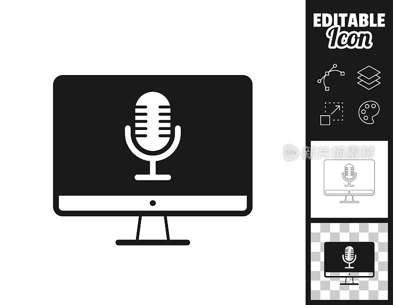 带麦克风的台式电脑。图标设计。轻松地编辑