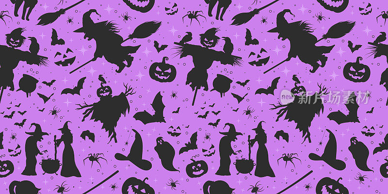 万圣节矢量模式。可怕的，可爱的稻草人，蝙蝠，黑猫，南瓜，女巫在紫色的背景。为万圣节无缝。