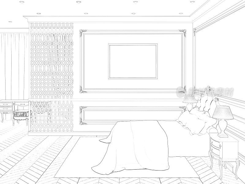 一间经典卧室的草图，带有横向海报，床头桌子上的台灯，配有豪华床头板，雕花隔板，背景是一张靠窗的桌子。