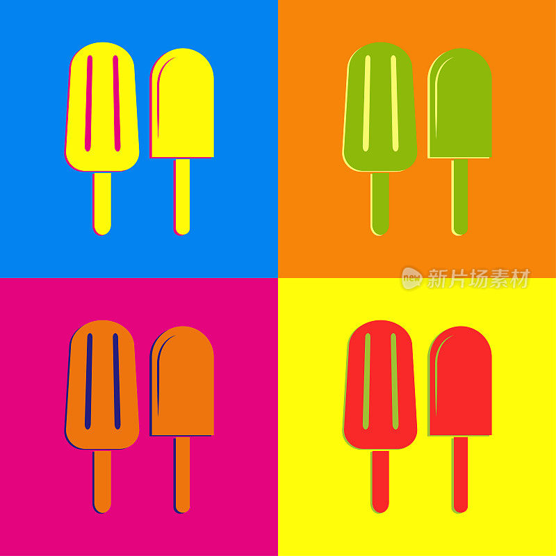 冰淇淋图标在流行艺术的颜色。收集冰淇淋棒与阴影。孤立的图标冰淇淋在流行艺术的颜色。餐厅、酒吧、餐厅的菜单标识。矢量图