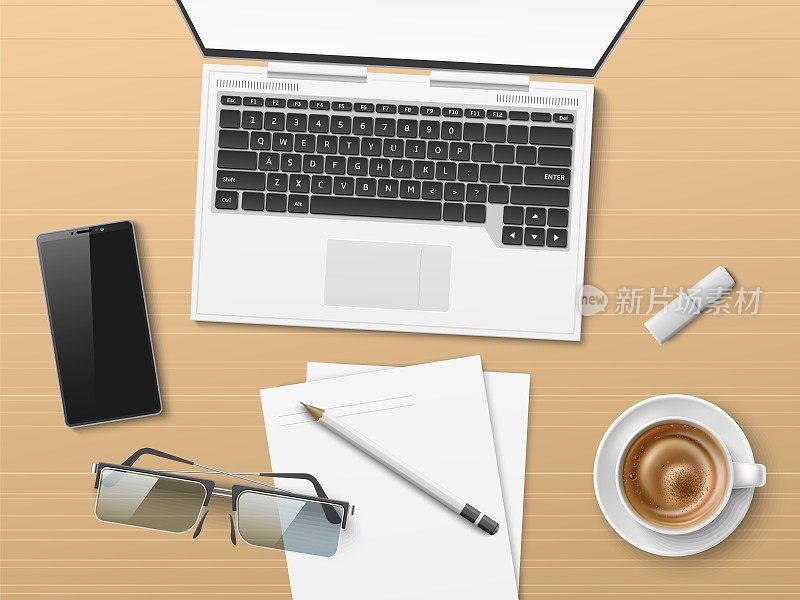 现实的办公室工作场所顶视图。笔记本电脑和桌面文档。咖啡杯。智能手机和眼镜。便签纸放在桌子上。经理的工作空间。电脑键盘。向量的概念