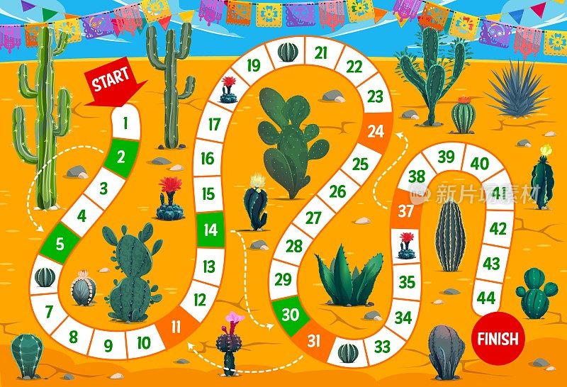 孩子们玩桌游，墨西哥沙漠和仙人掌