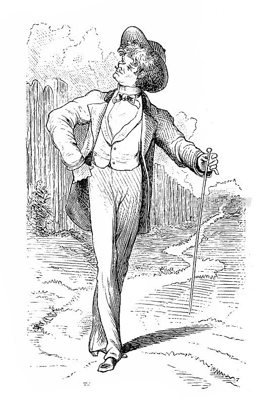 英国讽刺漫画漫画插图-戴着帽子和手杖的人摆姿势
