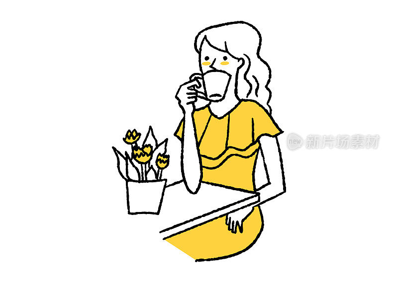 一个女人在咖啡馆边喝咖啡边看花