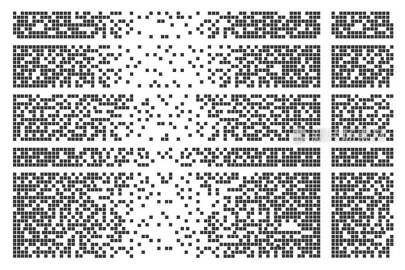 溶解填充方形点矢量图标解体效果。向量矩形元素被分组。孤立在白色背景。