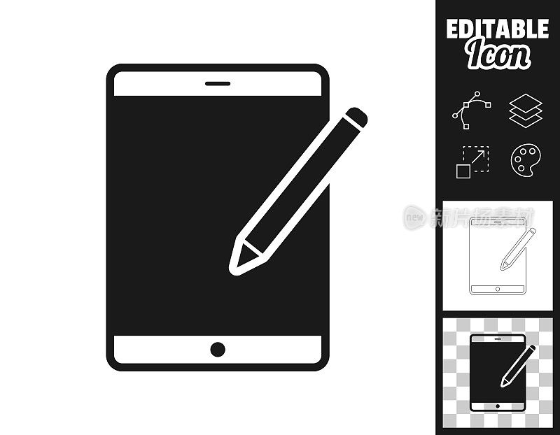带笔的平板电脑。图标设计。轻松地编辑